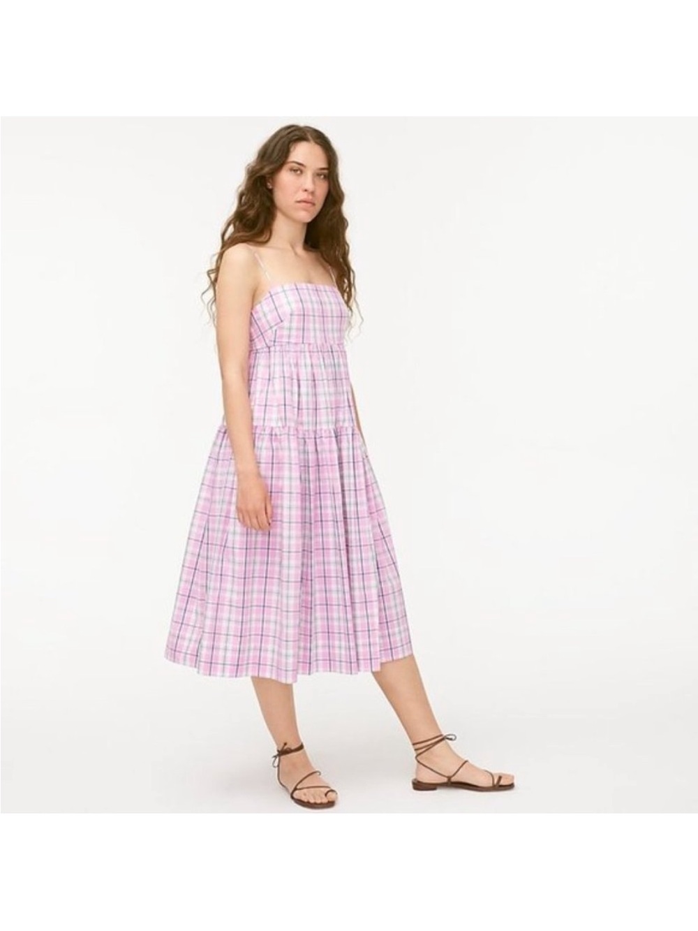 NWT J. Crew Tie Back Tiered Poplin Pink Plaid Midi Dress